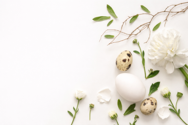 Kompozycja z jajkami, zielonymi gałązkami i białymi kwiatami na jasnym tle.